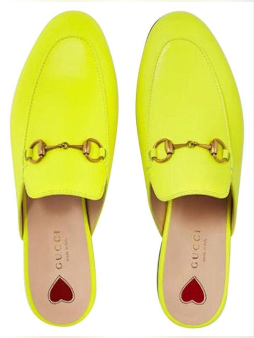 Gucci Size 40 Neon Yellow Leather Princeton Gold Horsebit Mules Slip On Flats